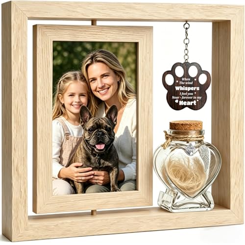 Dog Cat Memorial Picture Frame, Pet Memorial Gifts for Loss of Dog Sympathy Gift for Grieving Pet Owner, Rotating Wooden Keepsake Frame for 4x7 Photo & Fur Hair Jar - color: Light Natural Wood Grain
