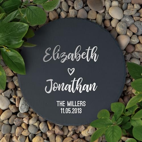 Weddingstar Personalized 9 ⅞" Round Black Slate Garden Stone - Calligraphy Couple - color: Calligraphy Couple