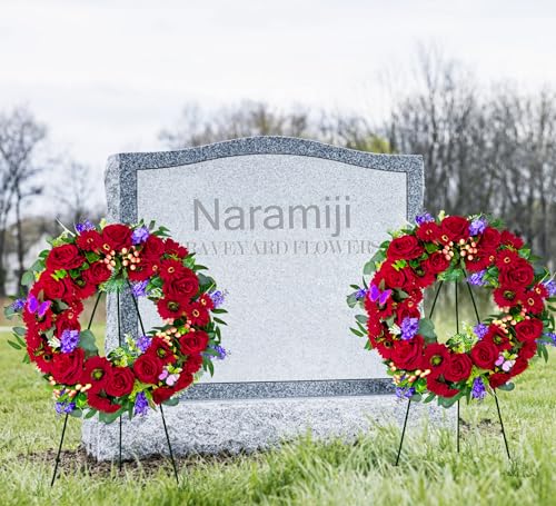 Cemetery Wreath for Grave, Red Roses Memorial Wreath with 30 Inch Easeal Stand, Fade-Resistant
