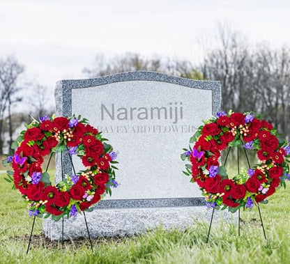Cemetery Wreath for Grave, Red Roses Memorial Wreath with 30 Inch Easeal Stand, Fade-Resistant