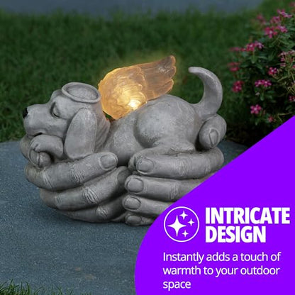 Exhart Dog Statue, Solar Cradled Pet Memorial Garden Sculpture, LED Light Angel Wings, Outdoor Garden Decoration, 8 x 5 Inch
