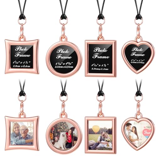 Hicarer 4 Pcs Car Rearview Mirror Hanging Ornament Picture Photo Keychain Frame Metal Locket with 4 Pcs Wax Rope - color: Rose Gold