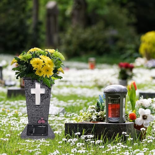 Solar Cemetery Vase with LED Cross Lamp Memorial Flower Holder - color: Square Cross