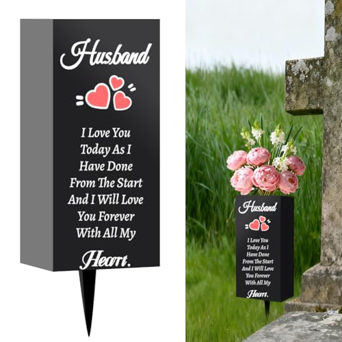 Husband Cemetery Vase for Grave 11.6 x 3 Inch Metal Memorial Flower Holder Cemetery Grave Flower Vase Decorations with Spike for Husband Burial Lawn Outdoors Yard Garden Funeral Favors - color: Heart