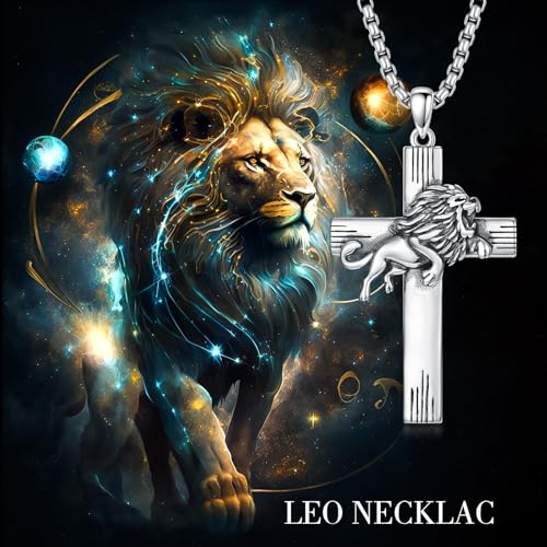PROESS Cross Necklace for Women Men Sterling Silver Rose/Sunflower Cross Pendant Religious Jewelry Christmas Birthday Mothers' Day Gifts - color: 01-09-Leo