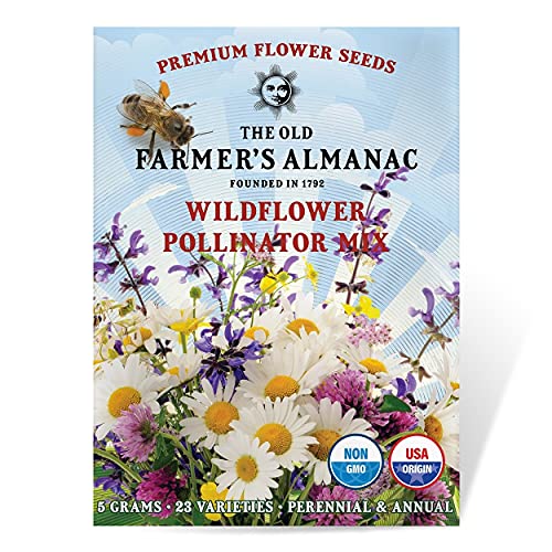 The Old Farmer's Almanac Premium Wildflower Seeds 23 Variety Pollinator Mix - Non-GMO, Open Pollinated - Columbine Cosmos Foxglove Larkspur Poppy Snapdragon Zinnia - Attracts Butterflies Bees Birds