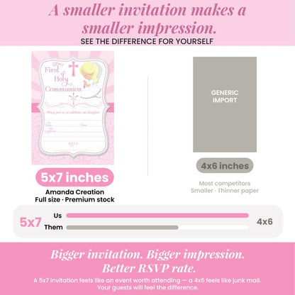 First Holy Communion Religious Party Invitations for Girls (Light Skin, Blond Hair), 20 5x7 Fill In Cards with Twenty White Envelopes by AmandaCreation - style: Light Skin, Blond Hair Girl