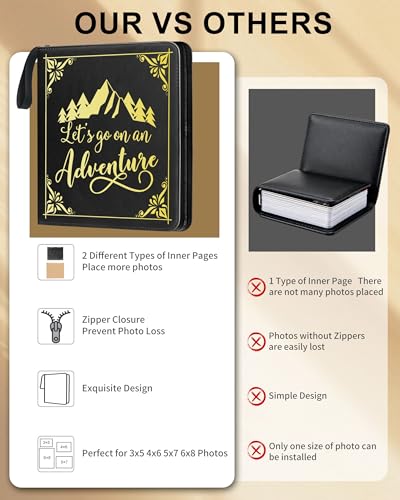 Adventure Leather Photo Album 4x6 200 Photos, DIY Scrapbook with 50 Sheets and 20 Blank Kraft Sheets, Travel Souvenir Diary Photo Book for Family Wedding Baby and Holiday Pictures - color: Black-text