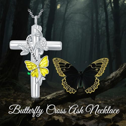 SOULMEET Enamel Butterfly Cross Urn Necklace for Ashes, Cross Moissanite Butterfly Ashes Necklaces with Forever in My Heart Engraved Keepsake Cremation Locket Jewelry for Women Men - color: G-Beige, style: Custom Engraved