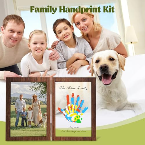 Family Handprint Kit, DIY Baby Hand and Footprint Handmade Keepsake Wooden Frame, Family Gifts with 5 Non-Toxic Baby-Safe Paint, Ideas Gift for New Parents Couple Friends - color: Brown, size: 4 Pages Acrylic Boards