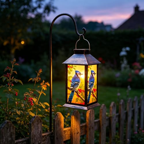 Solar Lanterns Outdoor Hanging Blue Jay Solar Lights Decorative for Garden Patio Porch and Tabletop PVC Waterproof LED Lantern (1pack)… - style: Art Deco