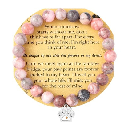 VZBarn Memorial Gifts for Loss of Pet’s Mom Pet Keepsake Dog Cat Paw Charm Natural Stone Bracelet Remembrance Gift for Women - color: Pink Stainless Steel