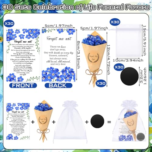 Suncalla 30 Sets Funeral Favors for Guest Forget Me Not Dried Flowers Bouquets Mini Magnet Dried Flower Bouquets with Cards and Organza Bags Celebration of Life Favors for Sympathy Gifts