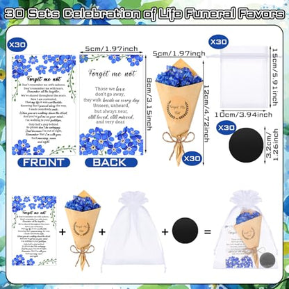 Suncalla 30 Sets Funeral Favors for Guest Forget Me Not Dried Flowers Bouquets Mini Magnet Dried Flower Bouquets with Cards and Organza Bags Celebration of Life Favors for Sympathy Gifts