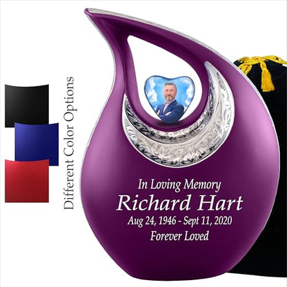 Personalized Photo & Text Purple Teardrop Cremation Urns for Adult Ashes Male Female - 220 Lbs Burial Urns for Human Ashes - Handcrafted Funeral Decorative Urn for Adult with Velvet Bag - size: 220 Lbs Adult Urn