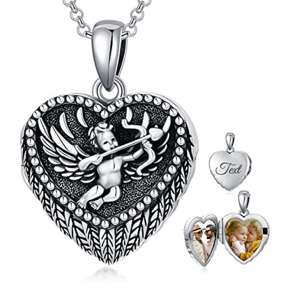 SOULMEET Angel Wing Heart Locket Necklace that Holds Picture Photo Locket Pendant You are My Angel Sterling Silver/Gold - style: D3-Angel cupid locket+photo+text