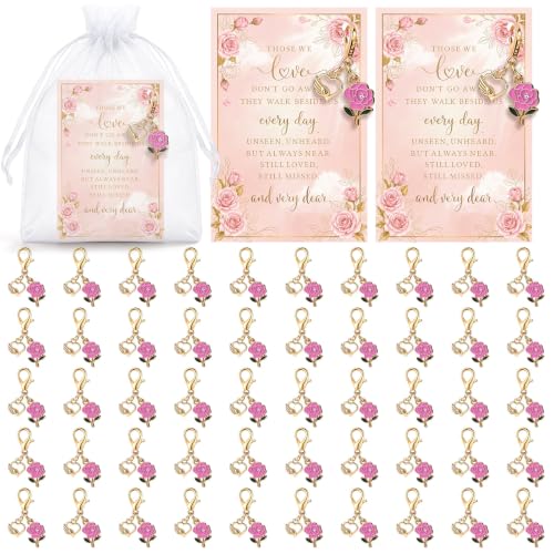 50 Set Memorial Funeral Favors for Guest, Memorial Keychains Sympathy Card Organza Bag, Sympathy Gift for Celebration of Life Funeral Favors Bereavement Guest Return Gift(Rose,Pink) - color: Pink, style: Rose