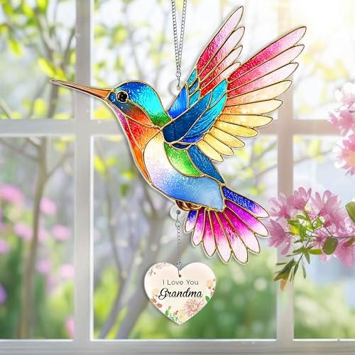 Hummingbird Acrylic Suncatcher with Heart Charm, I Love You Grandma Gift, Gifts for Grandma, Hummingbird Gifts, Grandma Birthday Gifts - color: Grandma Hummingbird
