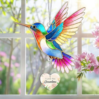 Hummingbird Acrylic Suncatcher with Heart Charm, I Love You Grandma Gift, Gifts for Grandma, Hummingbird Gifts, Grandma Birthday Gifts - color: Grandma Hummingbird