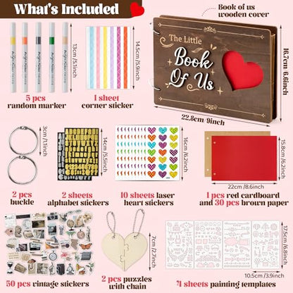 CY2SIDE Valentine's Day Couple Photo Album Scrapbook - 111PCS The Little Book of Us Wooden Album Scrapbook Kit for Lovers with Heart Puzzle Brown Paper Sticker and Template for DIY Dating Anniversary - style: Love of Story