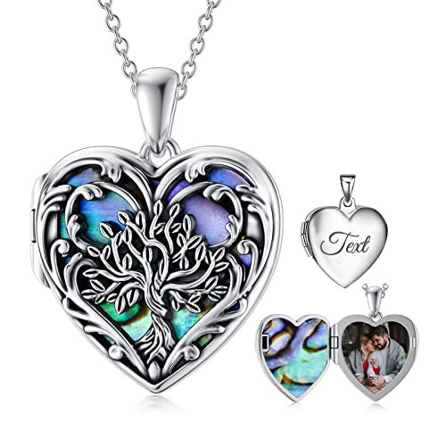 SOULMEET Personalized Tree of Life/Palm Tree Heart Locket Sterling Silver Necklace That Holds 1 or 2 Pictures Memorial Vintage Photo Locket Custom Any Photo Healing Gift - style: B3-Abalone tree locket+photo+text