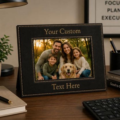 CustomGiftsNow Personalized Add Your Custom Text Engraved Leatherette Faux Leather Hanging/Tabletop Personalized Group Family Photo Picture Frame (Black/Gold, 4x6-Inch Vertical) - color: Black/Gold, size: 4x6-inch Vertical