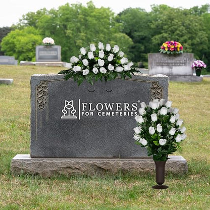 Artificial Cemetery Flowers - Gravesite Flowers - White Roses - (1) Headstone Flower Saddle & (1) Matching Bouquet - color: White Roses, size: (1) Saddle (1) Bouquet