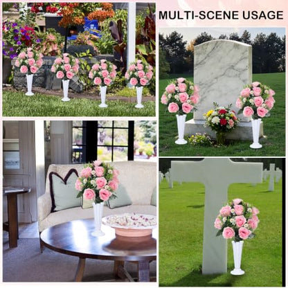Artificial Cemetery Flowers Set 2PCS Memorial Grave Roses Bouquets with Vases for Outdoor Grave Decor UV Resistant