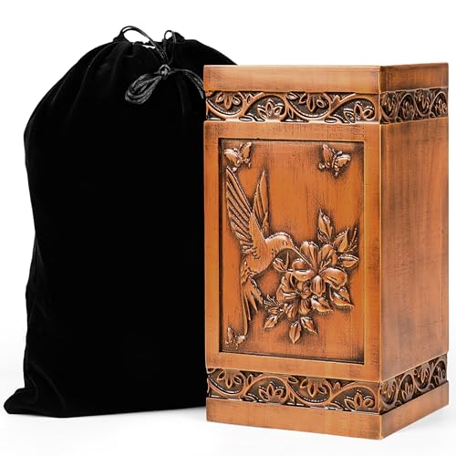 Wooden Cremation Urn For Human Ashes, Adult, Hummingbird, 270 Cubic In | Handcrafted Hummingbird & Floral Engraving, For Mother, Father, Men & Women, Display at Home or Niche at Columbarium - color: Brown