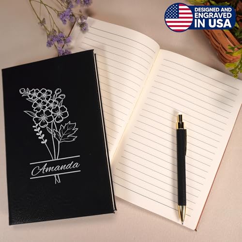 Daphne’s Curations Engraved Birth Flower Journal – Personalized Vegan Leather Notebook with Name – 112 Page Minimal Gift - color: Birth Flower Engraved