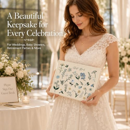 Wedding Guest Book, Embroidered Linen Guest Book Keepsake - color: Soft Cream