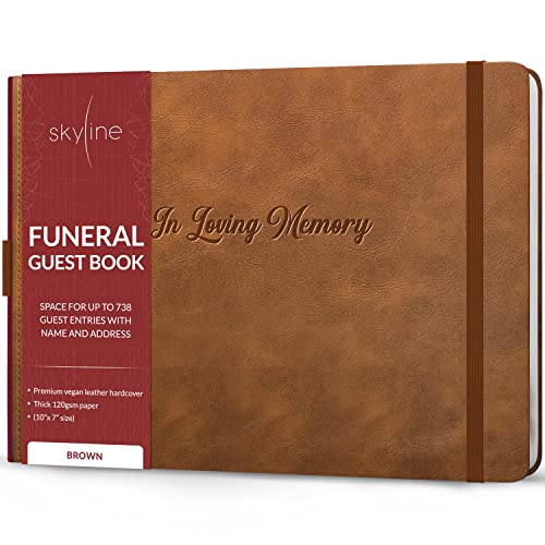 Skyline Funeral Guest Book, Sign In Name & Address, Hardcover Brown | 10”x7”, Elegant sign-in guestbook for memorial service & celebration of life with large signature space, Memory book - color: Brown, size: Smaller than A4 (10" x 7")
