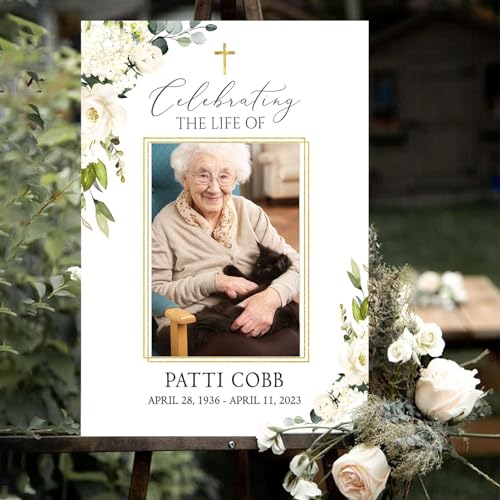 Generic Custom Photo Poster For Funeral - Floral White Funeral Welcome Sign - Celebration of Life Poster - Large Funeral Sign - Memorial Sign - Celebration Of Life Decorations - In Loving Memory Sign - color: Multi 9
