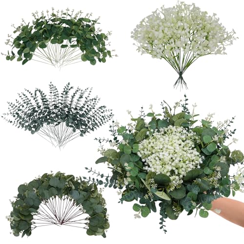 150Pcs Artificial Greenery Stems Eucalyptus & Baby's Breath Flowers - color: Green