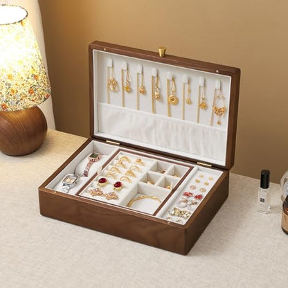 Black Walnut Wooden Jewelry Box, 2 Layer Large Necklace Organizer for Women - color: 2 Layer Large