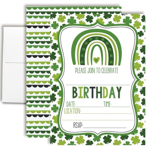 St. Patrick's Day Green Shamrock Rainbow Themed Birthday Party Invitations for Kids, 20 5x7 Fill In Cards with Twenty White Envelopes by AmandaCreation - style: Green Shamrock