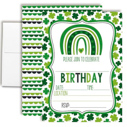 St. Patrick's Day Green Shamrock Rainbow Themed Birthday Party Invitations for Kids, 20 5x7 Fill In Cards with Twenty White Envelopes by AmandaCreation - style: Green Shamrock