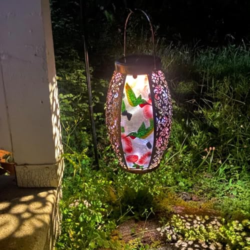 Hanging Solar Lantern Waterproof Garden Light Hummingbird-New | Glass & Metal, Tabletop Light with Hollowed-Out Design for Garden Patio Table Decor, Gifts for Friends and Family - style: Hummingbird+Flower