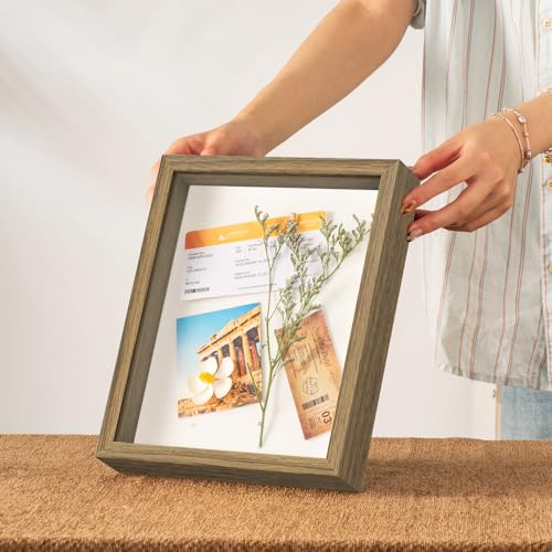 8x10 Shadow Box Frame with Ultra-Clear Glass & Soft Linen Back | With Push Pins and Stand, Deep 1.2" Brown Shadow Box Display Case – Display on Tabletop or Wall for Photo, Flower, Keepsakes - color: Brown+high Definition Panel + Shatter-proof Packaging, s