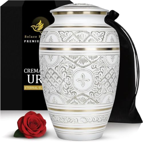 Cremation Urns for Human Ashes – Handcrafted 200 Cu in Brass Memorial Urn with Tight-Seal Lid – A Beautiful, Lasting Tribute for Loved Ones (White, Large) - color: White