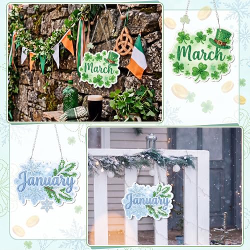 Cinnvoice Seasonal Diamond Art Hanging Kit,12 Pcs,12 Month | Holiday Diamond Art Wreath Ornament, Month Gem Hanging Sign, Festival Crystal Suncatcher, for Door Window Wall Home Decor - style: 12 Month