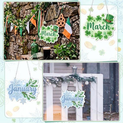 Cinnvoice Seasonal Diamond Art Hanging Kit,12 Pcs,12 Month | Holiday Diamond Art Wreath Ornament, Month Gem Hanging Sign, Festival Crystal Suncatcher, for Door Window Wall Home Decor - style: 12 Month