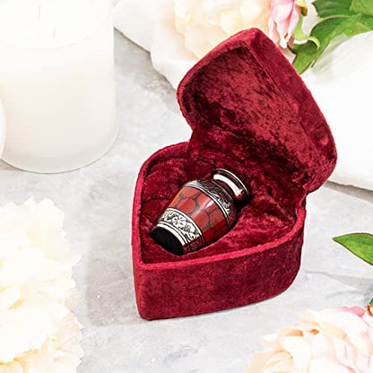 Small Keepsake Cremation Urns for Human Ashes with Velvet Heart Case and Funnel - Crimson : Deep Red Brass Hand Engraved Mini Memorial Urn - color: Red/Crimson Small Keepsake Urn