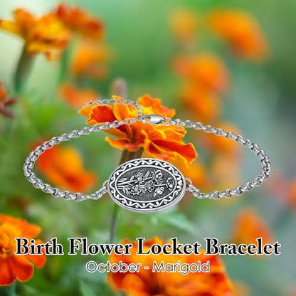 Birth Flower Photo Locket Bracelet 925 Sterling Silver 12 Month Locket Bracelet with Picture Birth Flower Photo Jewelry Gifts for Women Mother Mom Daughter - style: 10-October-Marigold