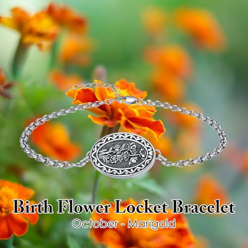 Birth Flower Photo Locket Bracelet 925 Sterling Silver 12 Month Locket Bracelet with Picture Birth Flower Photo Jewelry Gifts for Women Mother Mom Daughter - style: 10-October-Marigold-Custom