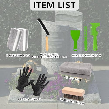 9Pcs Headstone Cleaning Kit Grave Cleaner for Granite & Stone with Microfiber Towel Bristle Crevice Brush Scrub Brush Sponge Gloves & Plastic Scraper Memorial Tombstone Care Set