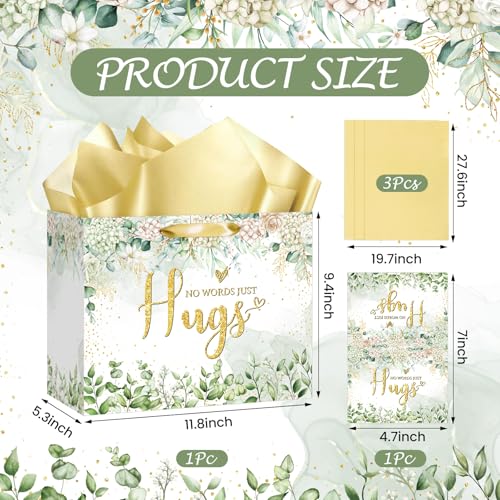 Sympathy Gift Bag for Loss of Loved One Sympathy Gifts Bag with Tissue Paper and Greeting Card Green Eucalyptus No Words Just Hugs Sage Green Gift Wrapping Bag Thinking of You Encouragement Bereavement Party Supplies - color: Sage Green