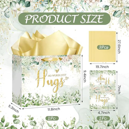 Sympathy Gift Bag for Loss of Loved One Sympathy Gifts Bag with Tissue Paper and Greeting Card Green Eucalyptus No Words Just Hugs Sage Green Gift Wrapping Bag Thinking of You Encouragement Bereavement Party Supplies - color: Sage Green
