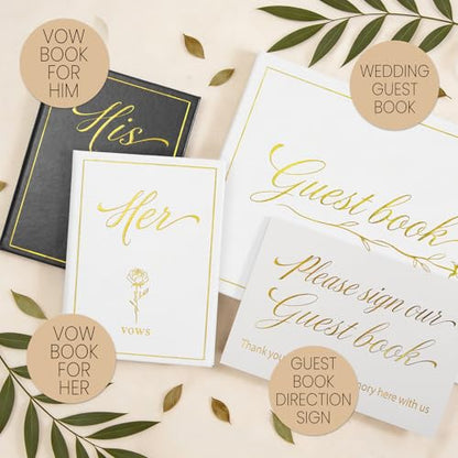 Leesgel Wedding Vow Books His and Hers with Guest Book & Table Sign Set - color: White & Black
