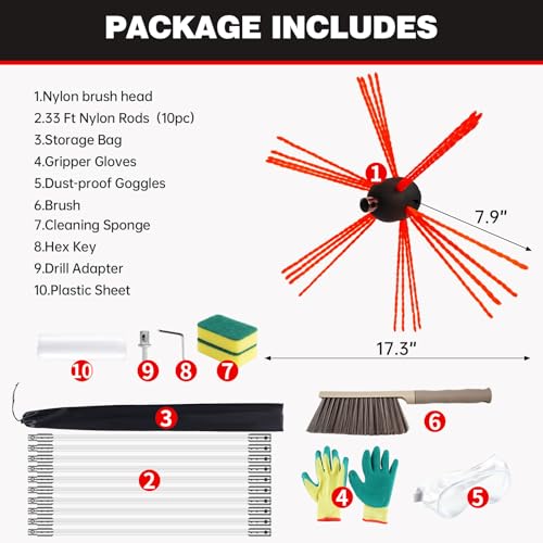 33 Feet Chimney Sweep Kit, Chrome Button Locking System, Chimney Cleaning Kit, Chimney Brush, Chimney Cleaning System with 10 Flexible Chimney Rods - size: 33 FT